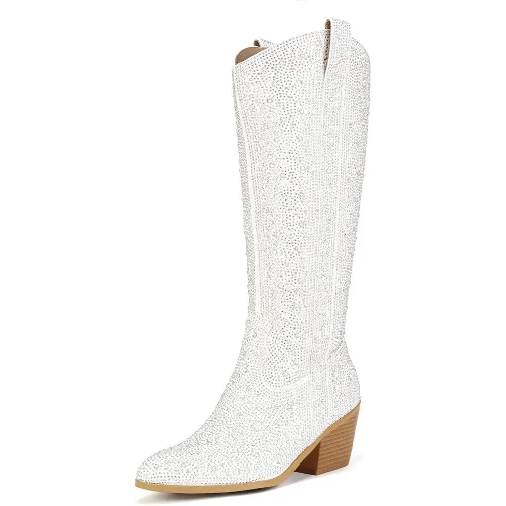 Women's White Rhinestone Cowboy Boot Knee High Western Cowgirl Boots Pointed Toe